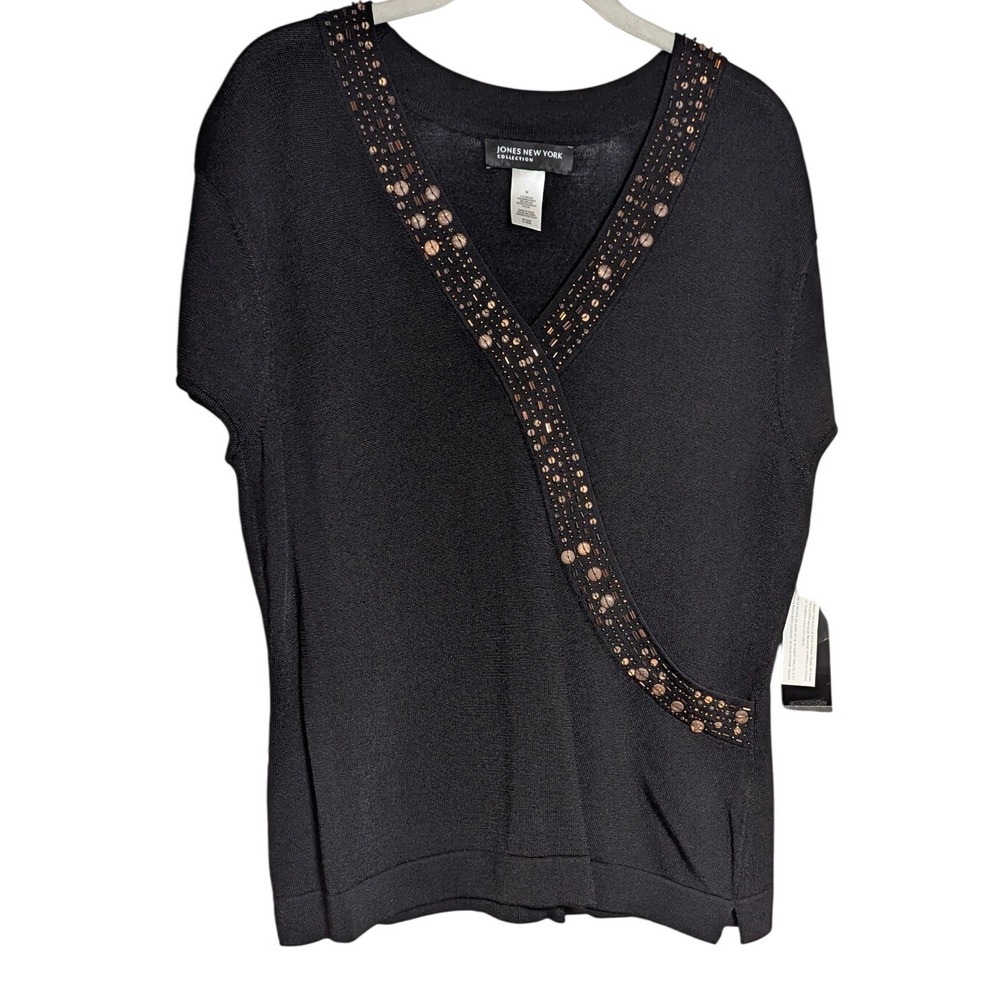 Jones New York‎ Collection Black Beaded Knit Top Short Sleeve